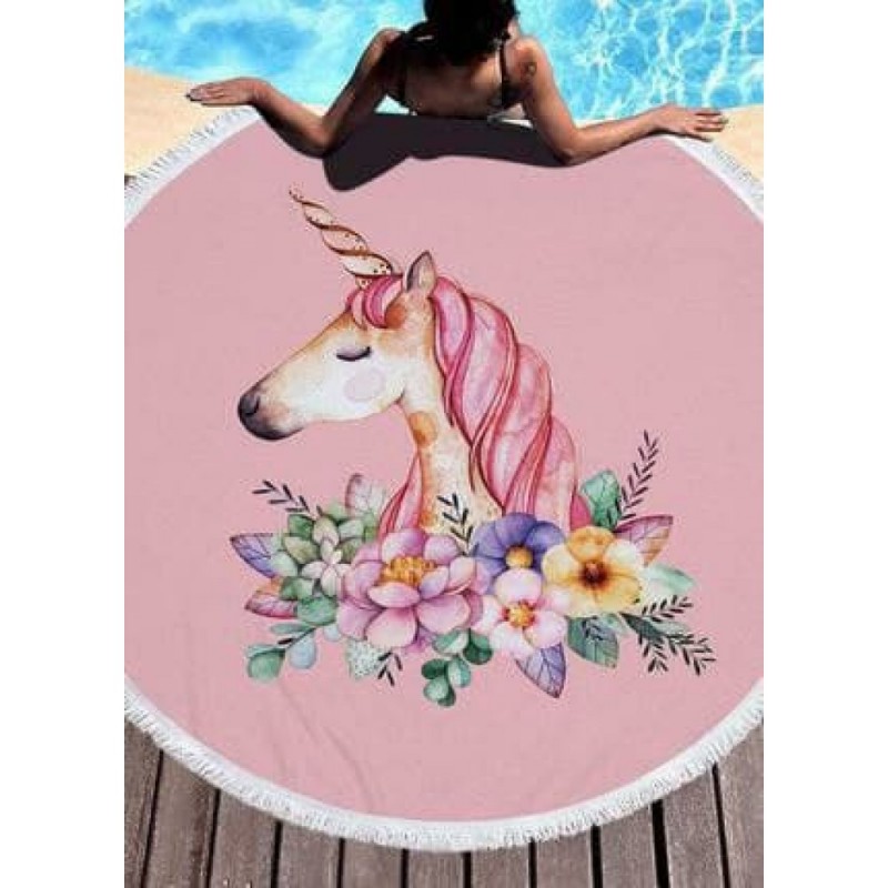 Круглое пляжное полотенце с бахромой Ø150см (22988) единорожка
