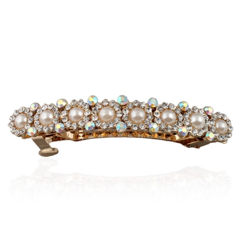 Заколка автоматическая для волос со стразами и жемчугом (7473) вариант 01