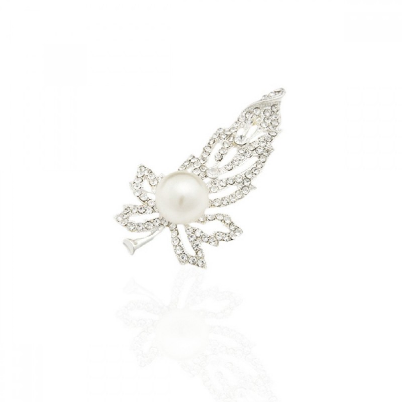 Брошка металлическая со стразами Лист 6.3см (9128) вариант 02