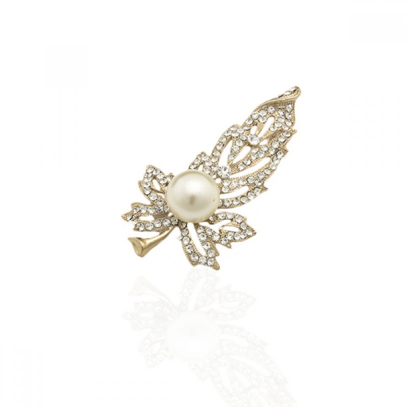 Брошка металлическая со стразами Лист 6.3см (9128) вариант 03