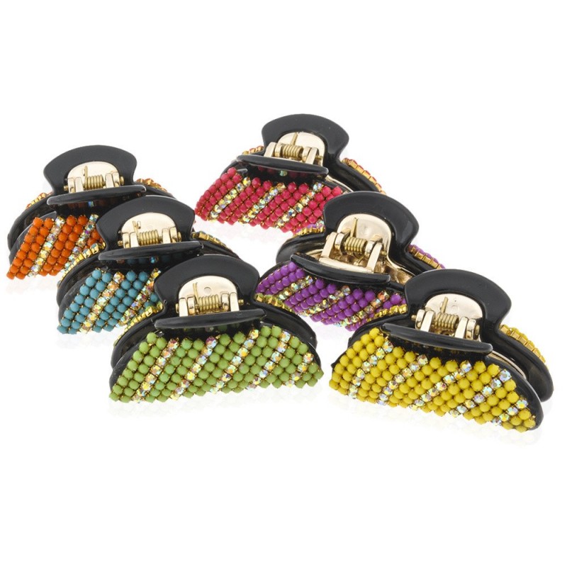 Заколка-краб для волос пластиковая со стразами (9392) вариант упаковка 6шт