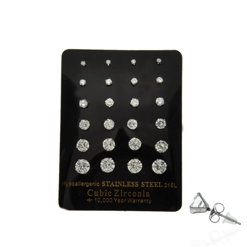 Набор сережек-гвоздиков пусетов 0.22-0.7см 12 пар серебристый (13702)