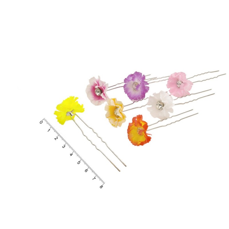 Набор заколок шпилек для волос с тканевым цветком Гвоздика 24шт (6221)
