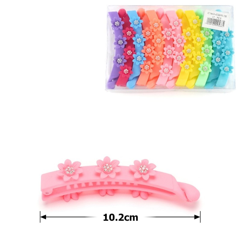 Набор заколок бананов для волос матовые с пластиковыми цветками (13199)