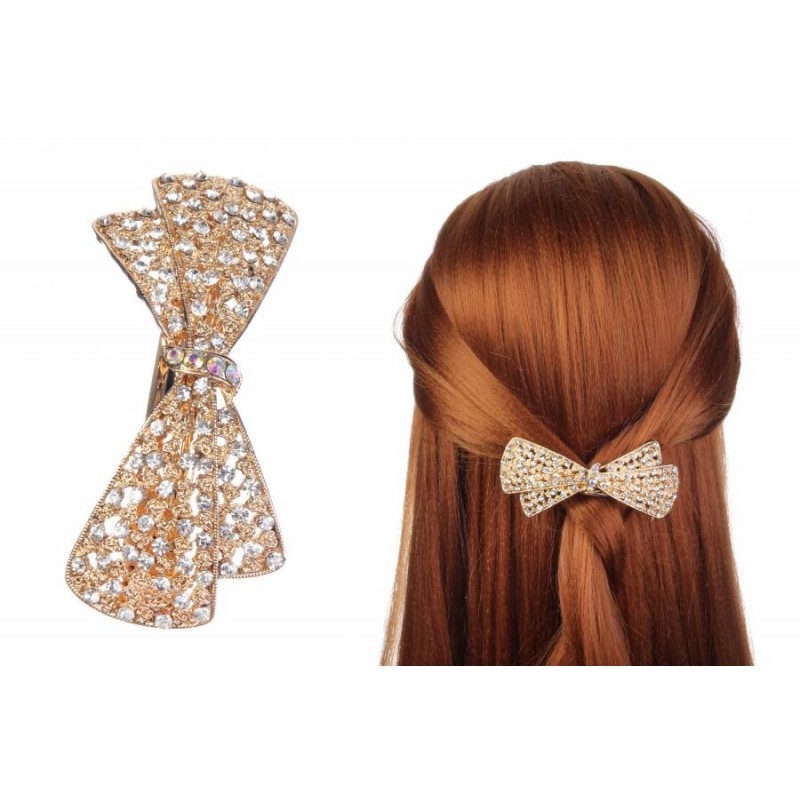 Заколка автоматическая под золото в виде бантика украшенная стразами