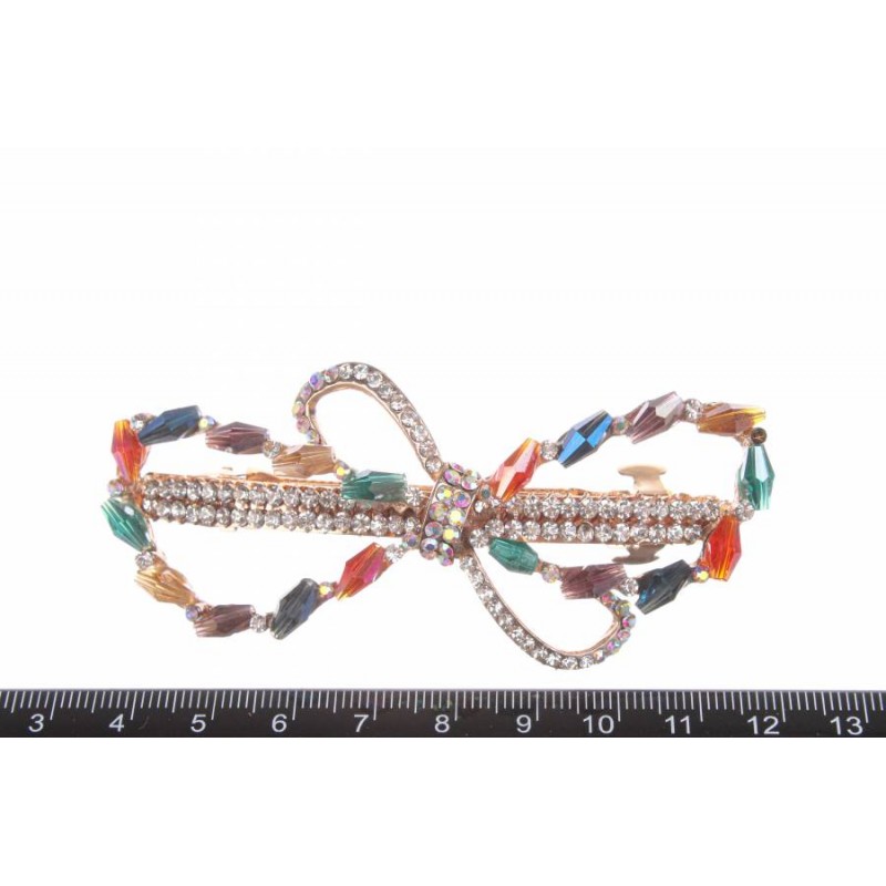 Заколка для волос автомат в виде бантика украшенная стразами и бусинами