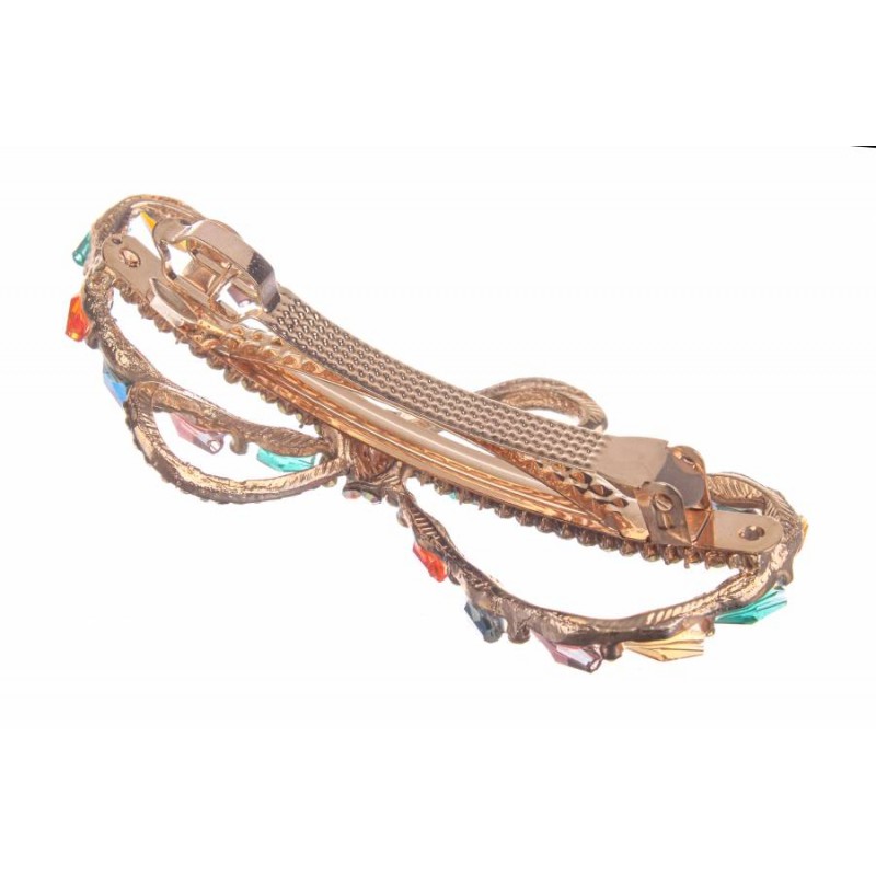 Заколка для волос автомат в виде бантика украшенная стразами и бусинами