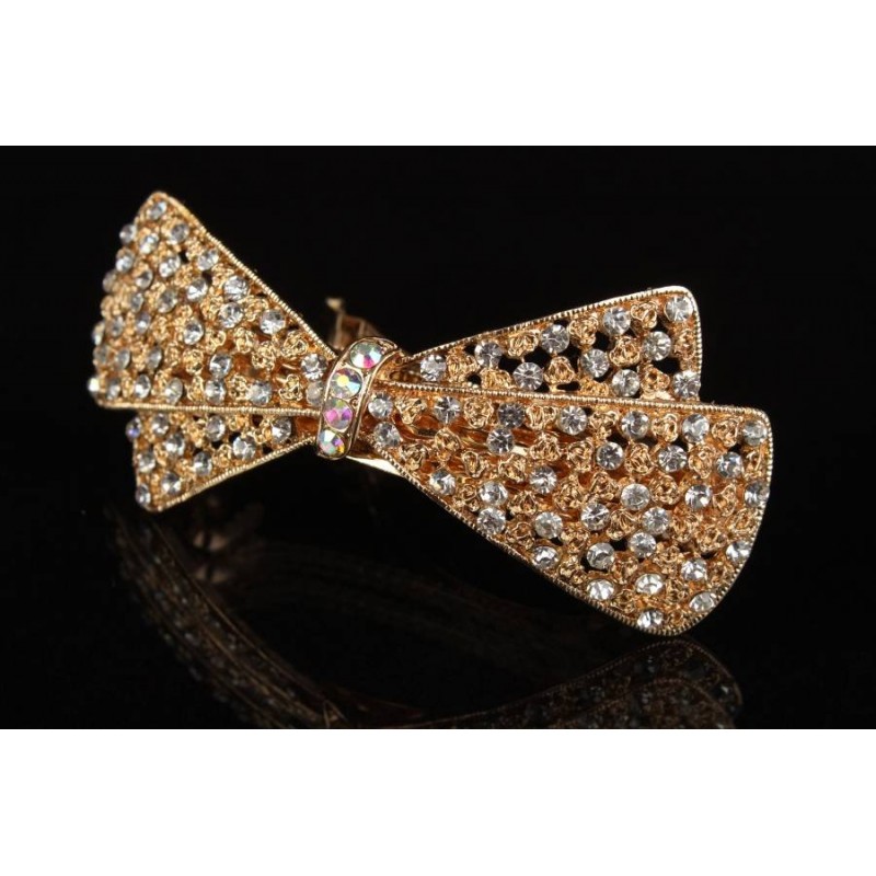 Заколка автоматическая под золото в виде бантика украшенная стразами