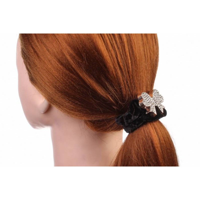 Резинка для волос велюровая с металлическим украшением в виде бантика